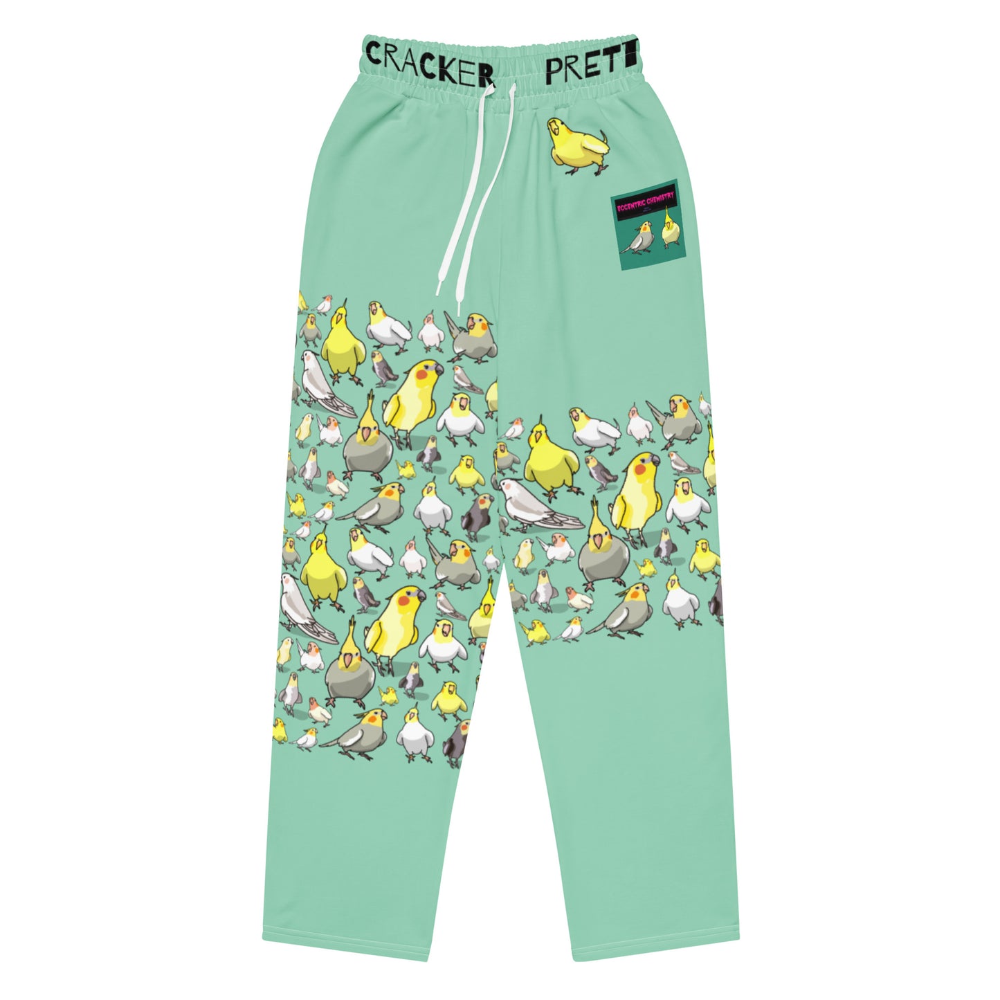 Unisex wide-leg joggers with cockatiel garden print, white all-over design, made by Eccentric Chemistry’s Laboratory of Strange & Stylish Things