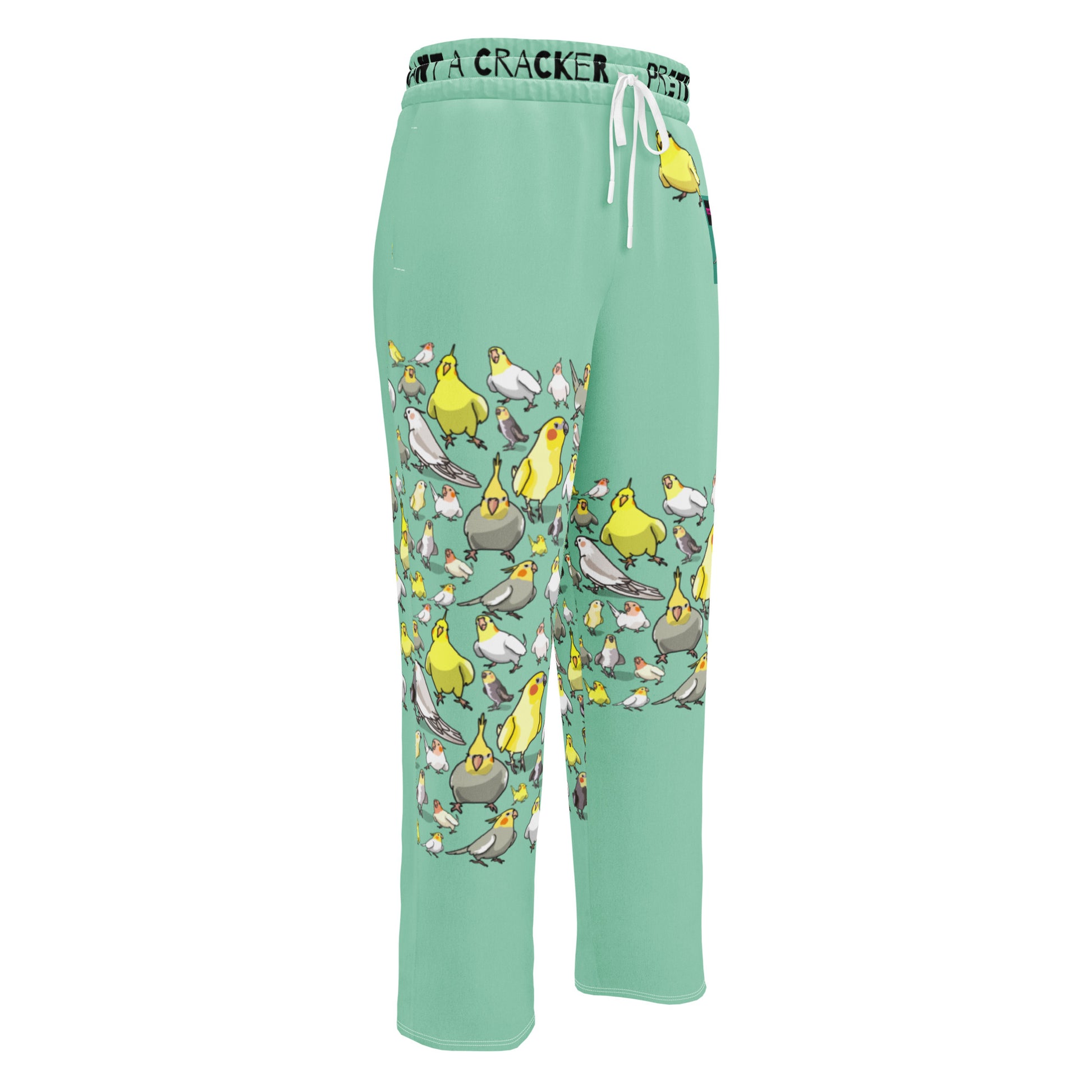 Unisex wide-leg joggers with cockatiel garden print, white all-over design, made by Eccentric Chemistry's Laboratory of Strange & Stylish Things.