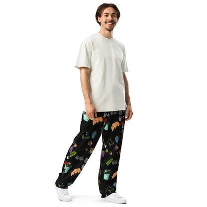All-over print unisex wide-leg Earth‑Kind Habitat Joggers in white, featuring eco-friendly design by Eccentric Chemistry.