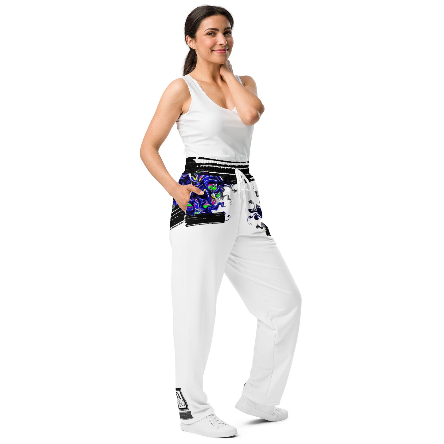 Unisex wide-leg joggers with creative energy diffusion print in white, featuring a relaxed fit and stylish design.