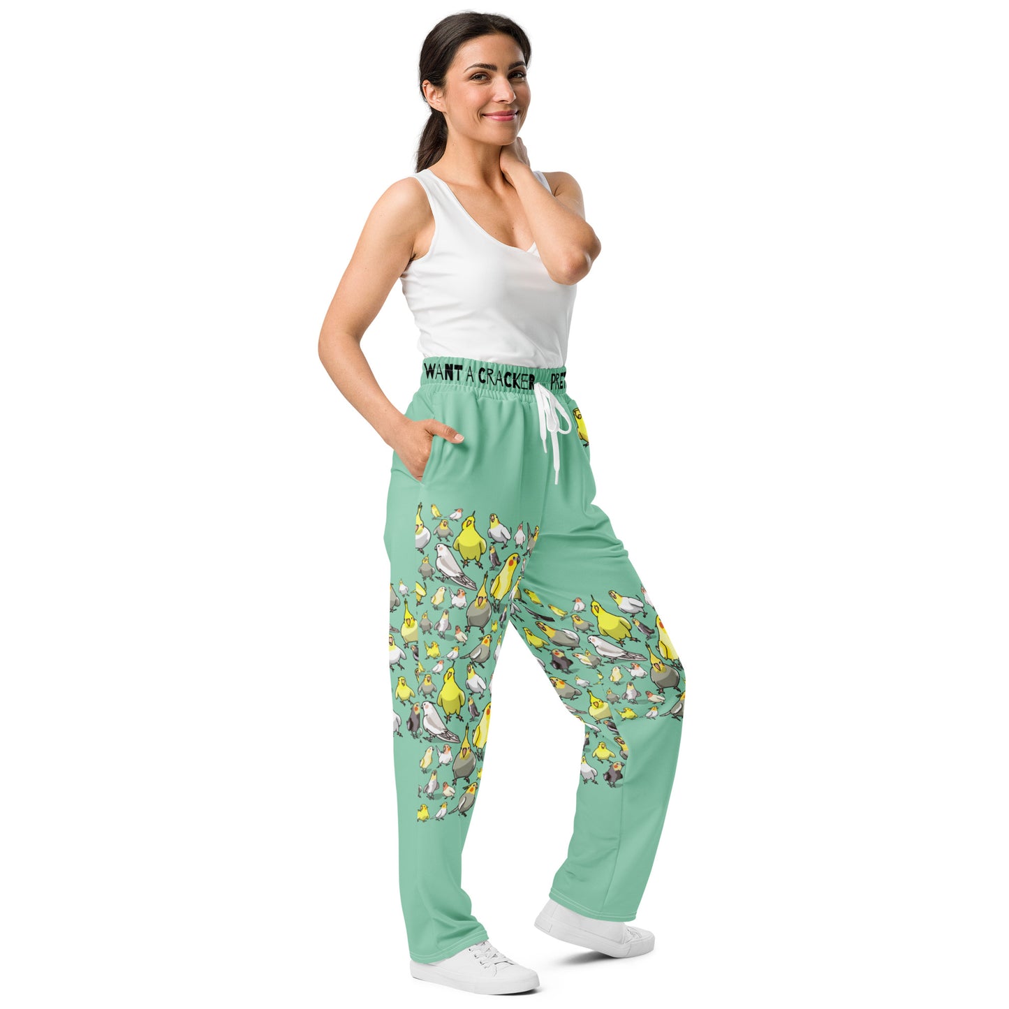 Unisex wide-leg joggers with cockatiel garden print, white all-over design, from Eccentric Chemistry’s Laboratory of Strange & Stylish Things.