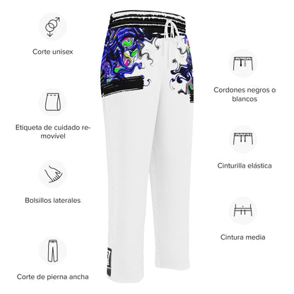 Unisex white wide-leg joggers with all-over colorful print, Creative Energy Diffusion design by Eccentric Chemistry.