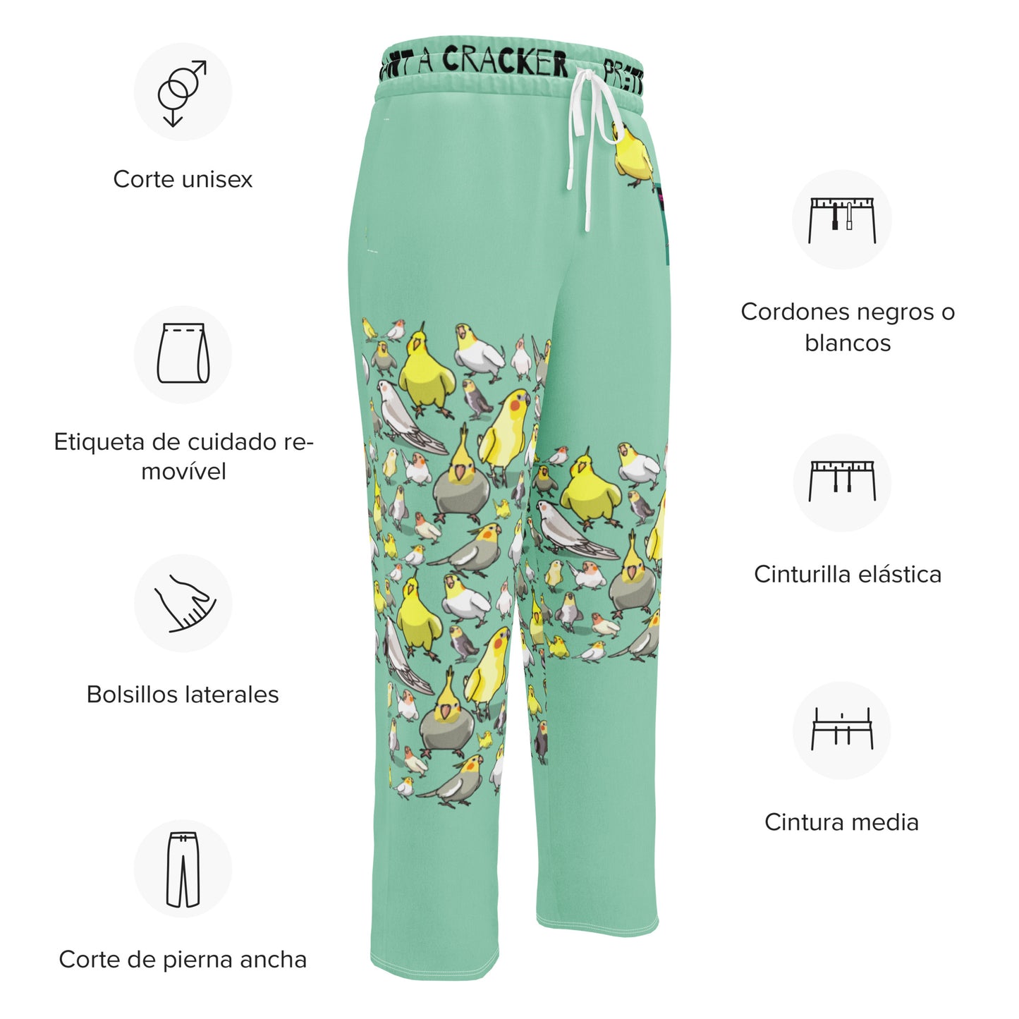 Unisex wide-leg joggers with all-over cockatiel garden print, white fabric, from Eccentric Chemistry's Laboratory of Strange & Stylish Things