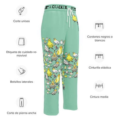 Unisex wide-leg joggers with all-over cockatiel garden print, white fabric, from Eccentric Chemistry's Laboratory of Strange & Stylish Things
