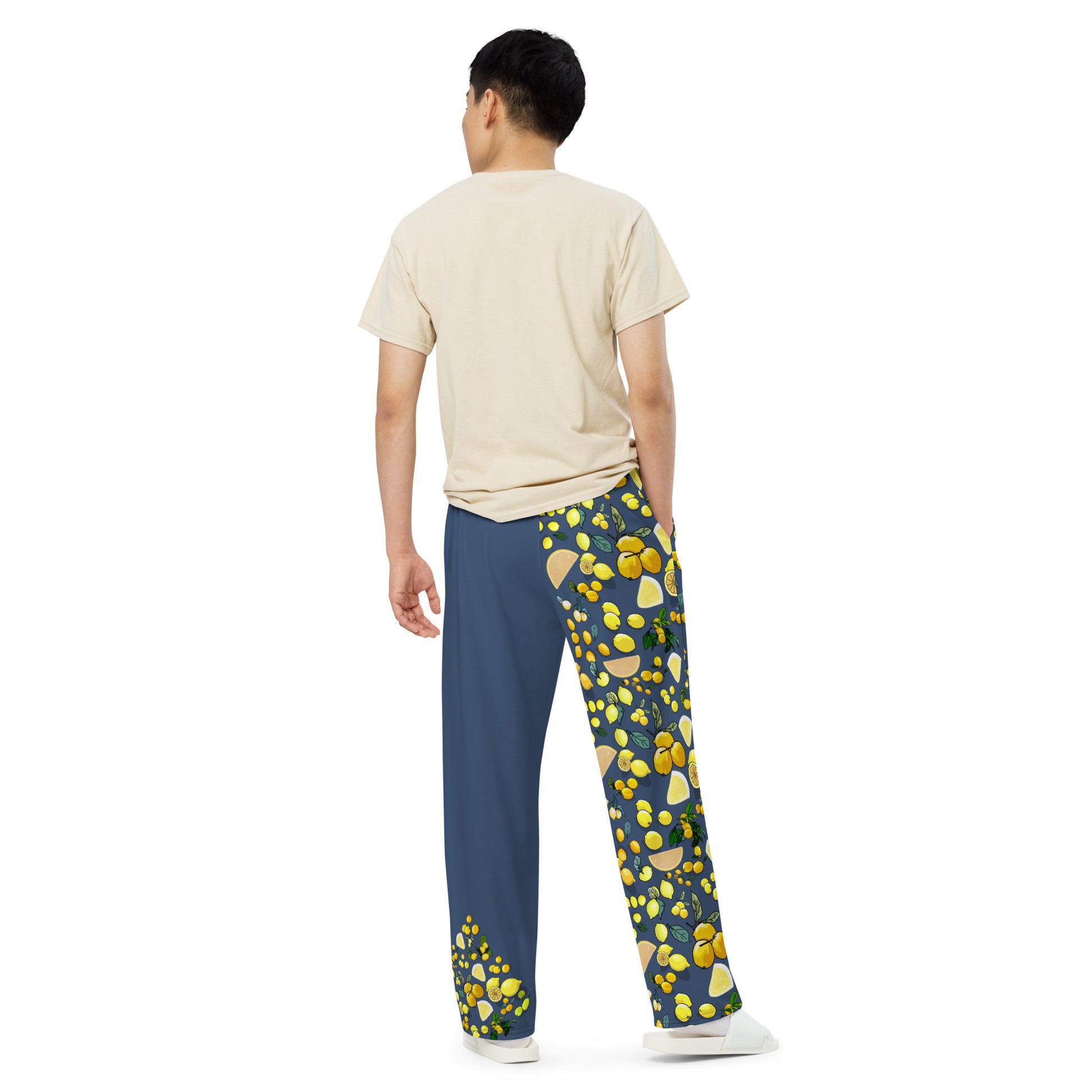 Unisex wide-leg pants with blue citrus dream all-over print, stylish and comfortable, by Eccentric Chemistry Laboratory of Strange & Stylish Things.