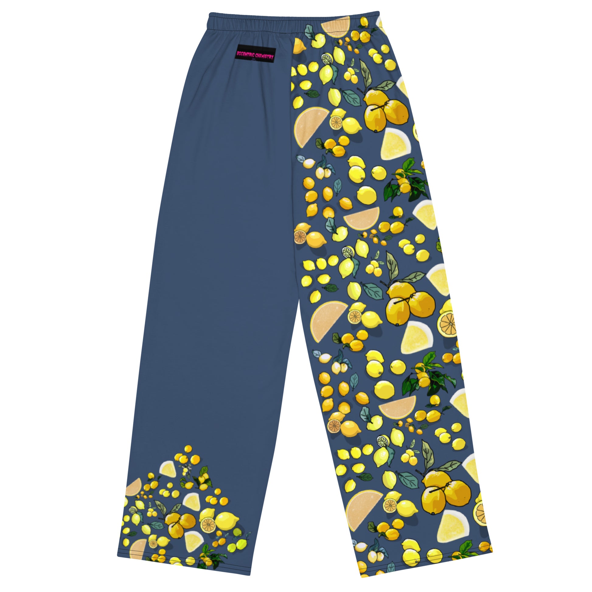 Unisex wide-leg pants with blue citrus dream all-over print, stylish comfortable design by Eccentric Chemistry Laboratory.