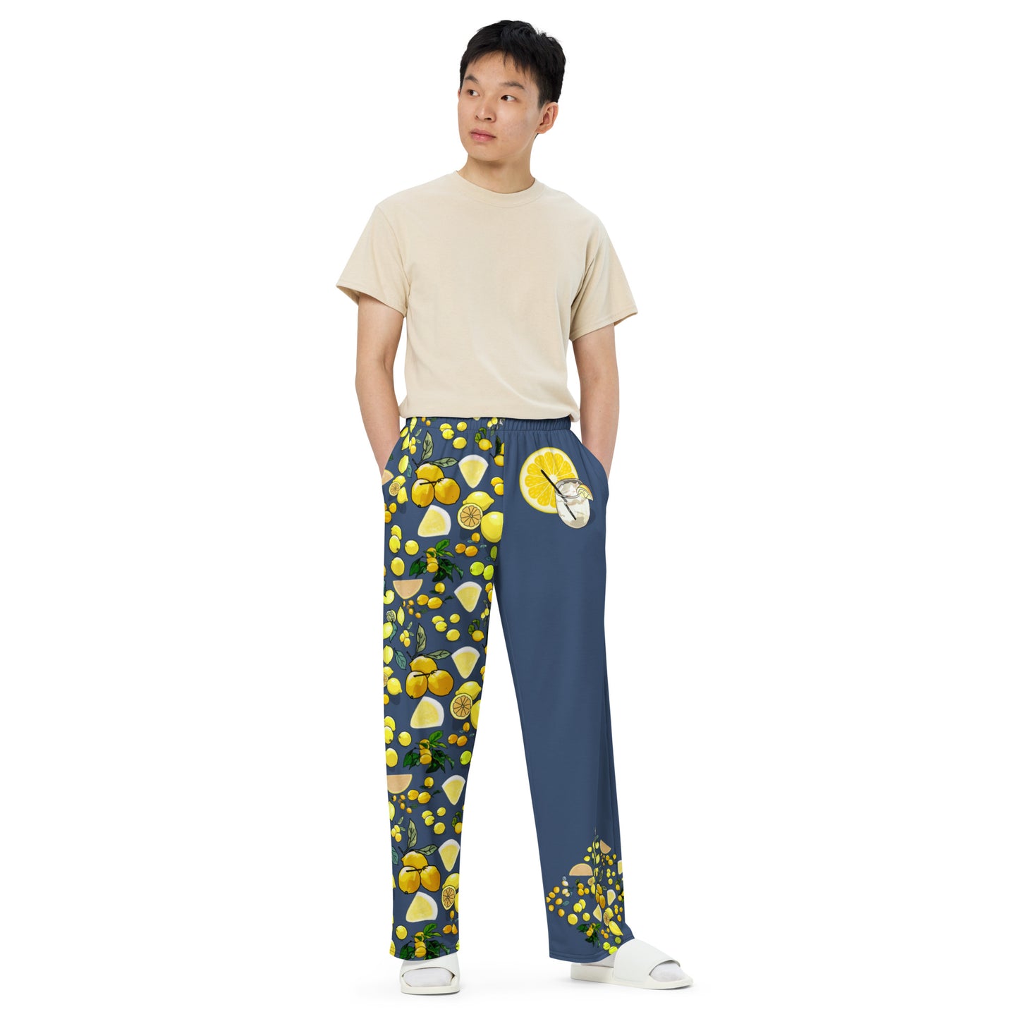 Unisex wide-leg pants with blue citrus print from Eccentric Chemistry’s Laboratory of Strange & Stylish Things, front view.