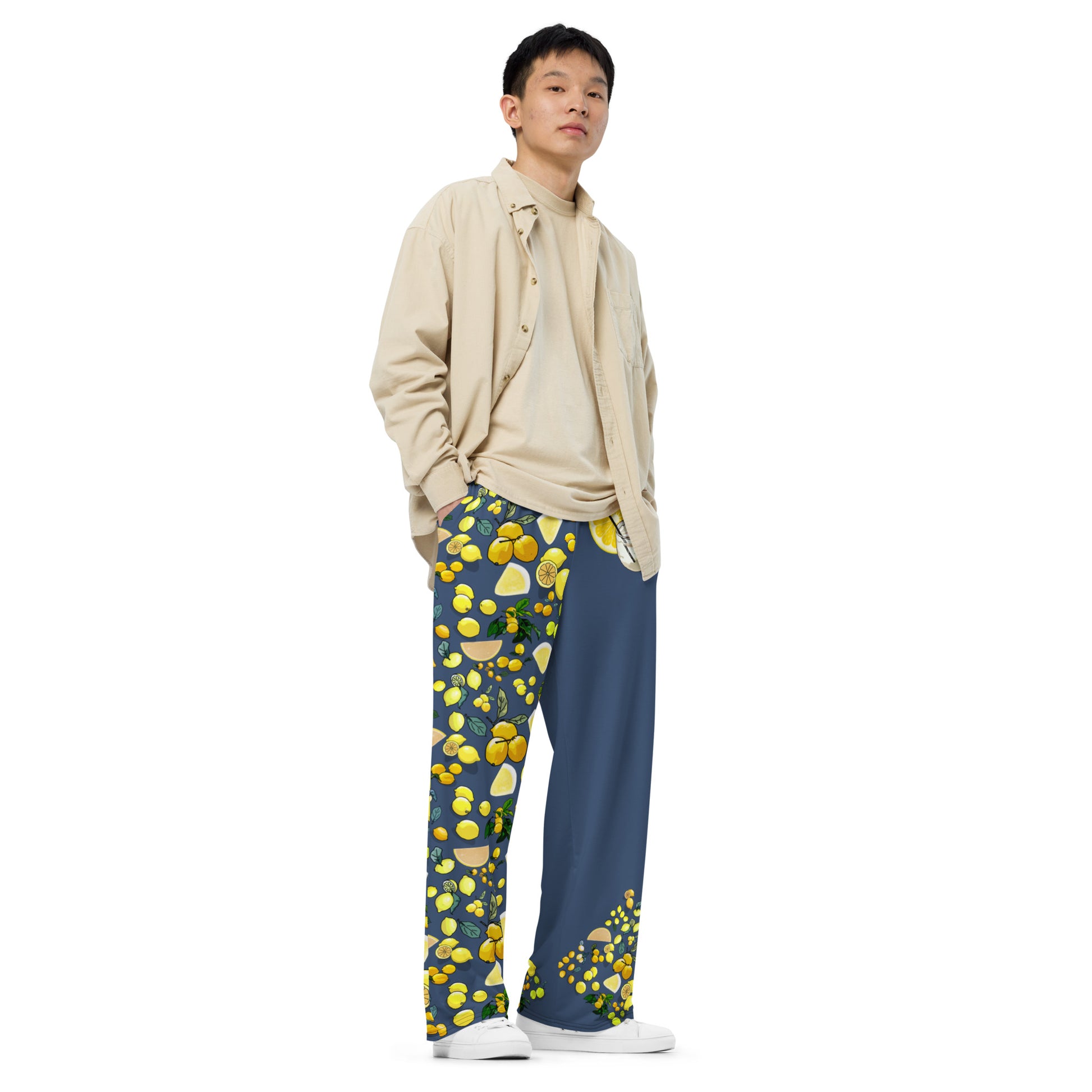 Unisex wide-leg pants with a vibrant blue citrus dream all-over print, featuring a relaxed fit and stylish design from Eccentric Chemistry.