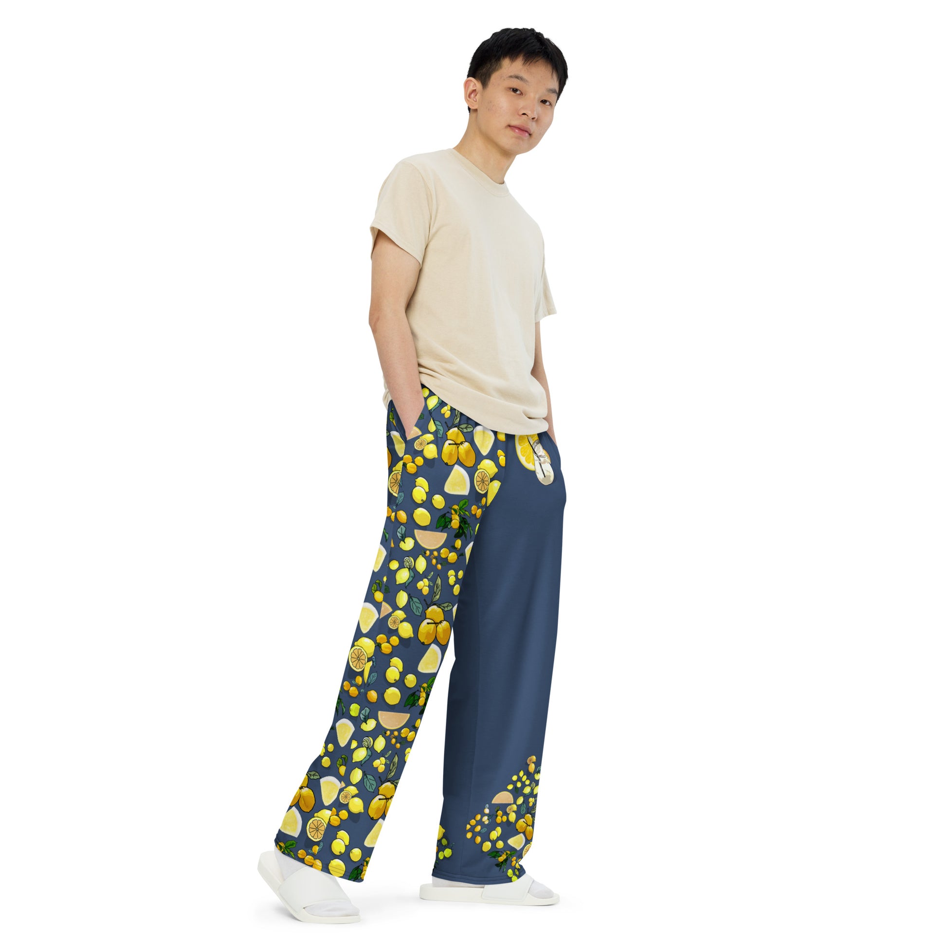 Unisex wide-leg pants with blue citrus dream print, featuring vibrant all-over design and relaxed fit, stylish and comfortable.