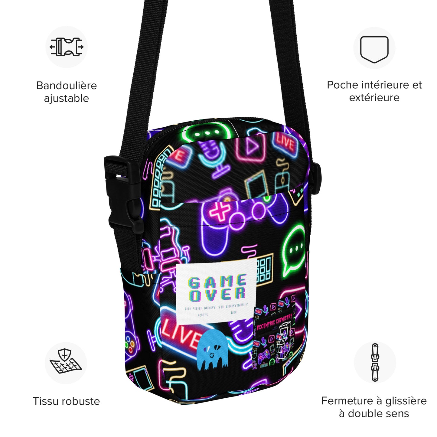 Eccentric Chemistry's Dork-Core Gaming Utility Crossbody Bag with all-over print in white and French-inspired design.