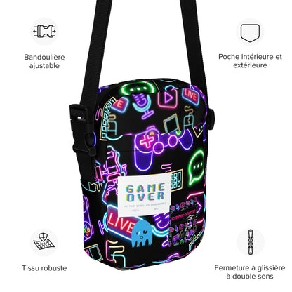 Eccentric Chemistry's Dork-Core Gaming Utility Crossbody Bag with all-over print in white and French-inspired design.