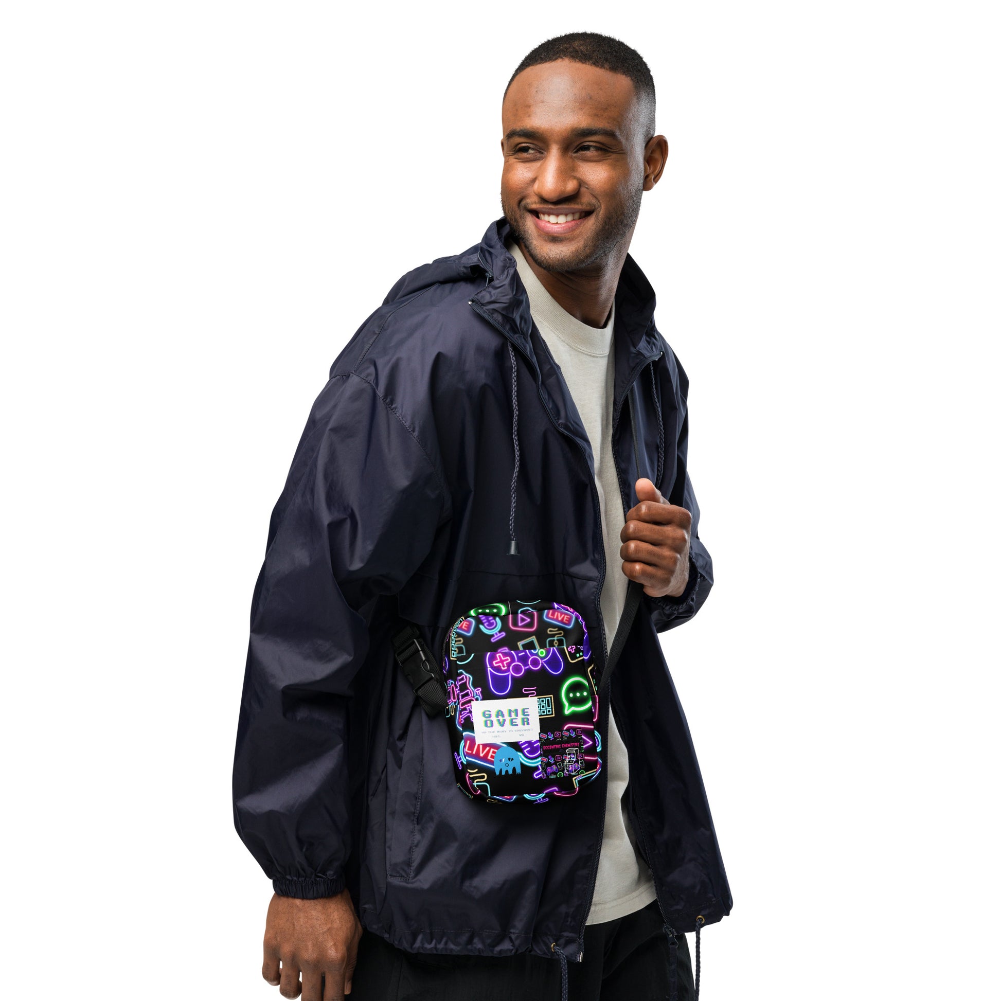 White Dork-Core Gaming Utility Crossbody Bag by Eccentric Chemistry featuring all-over print and adjustable strap.