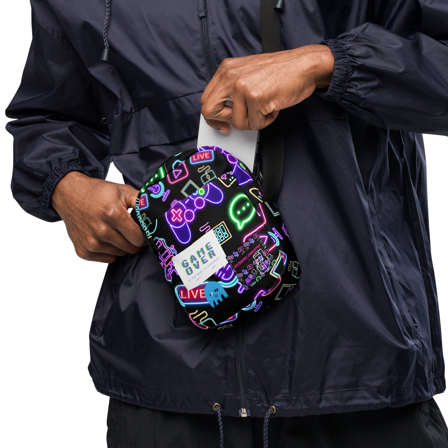 White Dork-Core Gaming Utility Crossbody Bag with all-over print, featuring vibrant, horror-themed designs by Eccentric Chemistry.