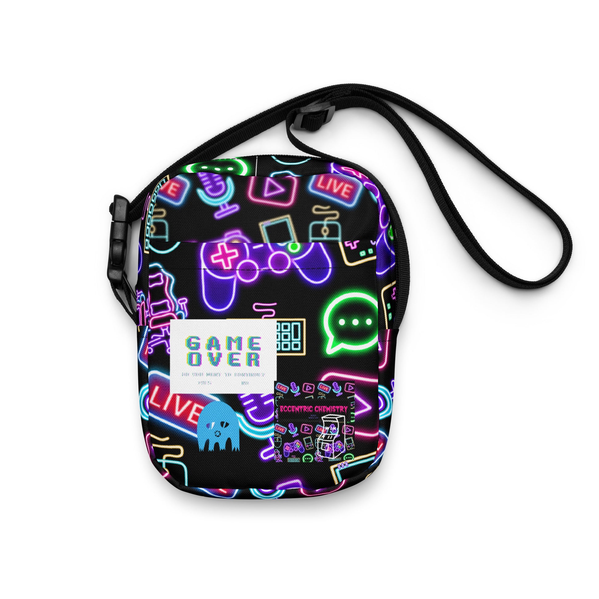 Eccentric Chemistry's Dork-Core Gaming Utility Crossbody Bag with all-over white print and adjustable strap, front view.