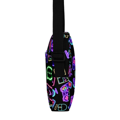 Eccentric Chemistry's Dork-Core Gaming Utility Crossbody Bag with all-over print design in white, worn on the left side.
