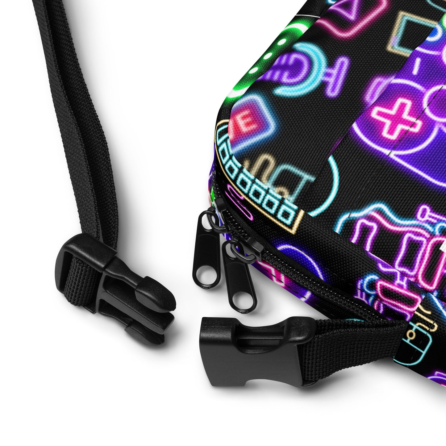All-over print white Eccentric Chemistry's The Dork‑Core Gaming Utility Crossbody Bag with graphic design and adjustable strap.