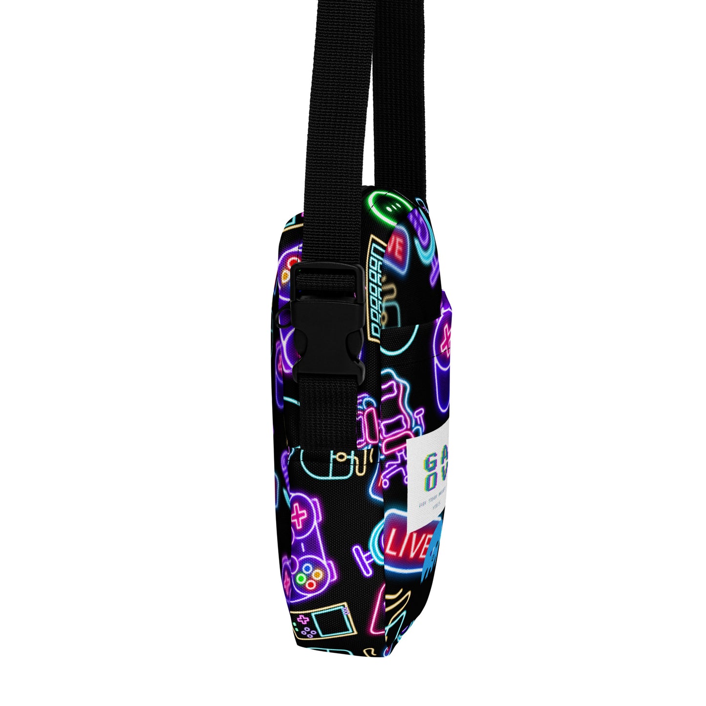 Eccentric Chemistry's Dork-Core Gaming Utility Crossbody Bag with all-over print in white, featuring vibrant graphic designs.