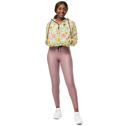 Black women's cropped windbreaker with all-over print, designed for wind resistance under maximum bloom pressure by Eccentric Chemistry.