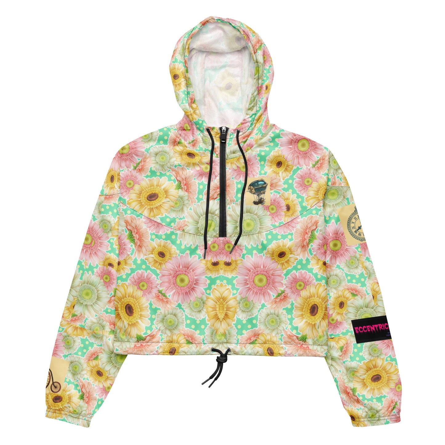 Black women's cropped windbreaker with all-over print, featuring wind resistance design under maximum bloom pressure by Eccentric Chemistry.