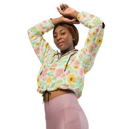Black women's cropped windbreaker featuring all-over print, wind resistance design, from Eccentric Chemistry's Tiny Shop of T-Shirt Horrors.