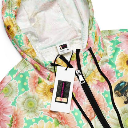 Black women's cropped windbreaker with all-over print, designed for wind resistance under maximum bloom pressure by Eccentric Chemistry.