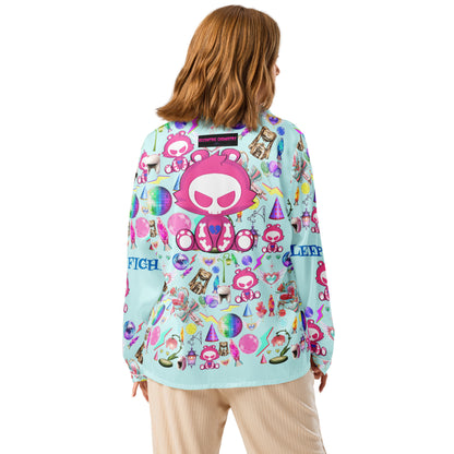 Women’s long sleeve pajama top with all-over print from Eccentric Chemistry’s Snuggle Squad sleepover collection, white background.