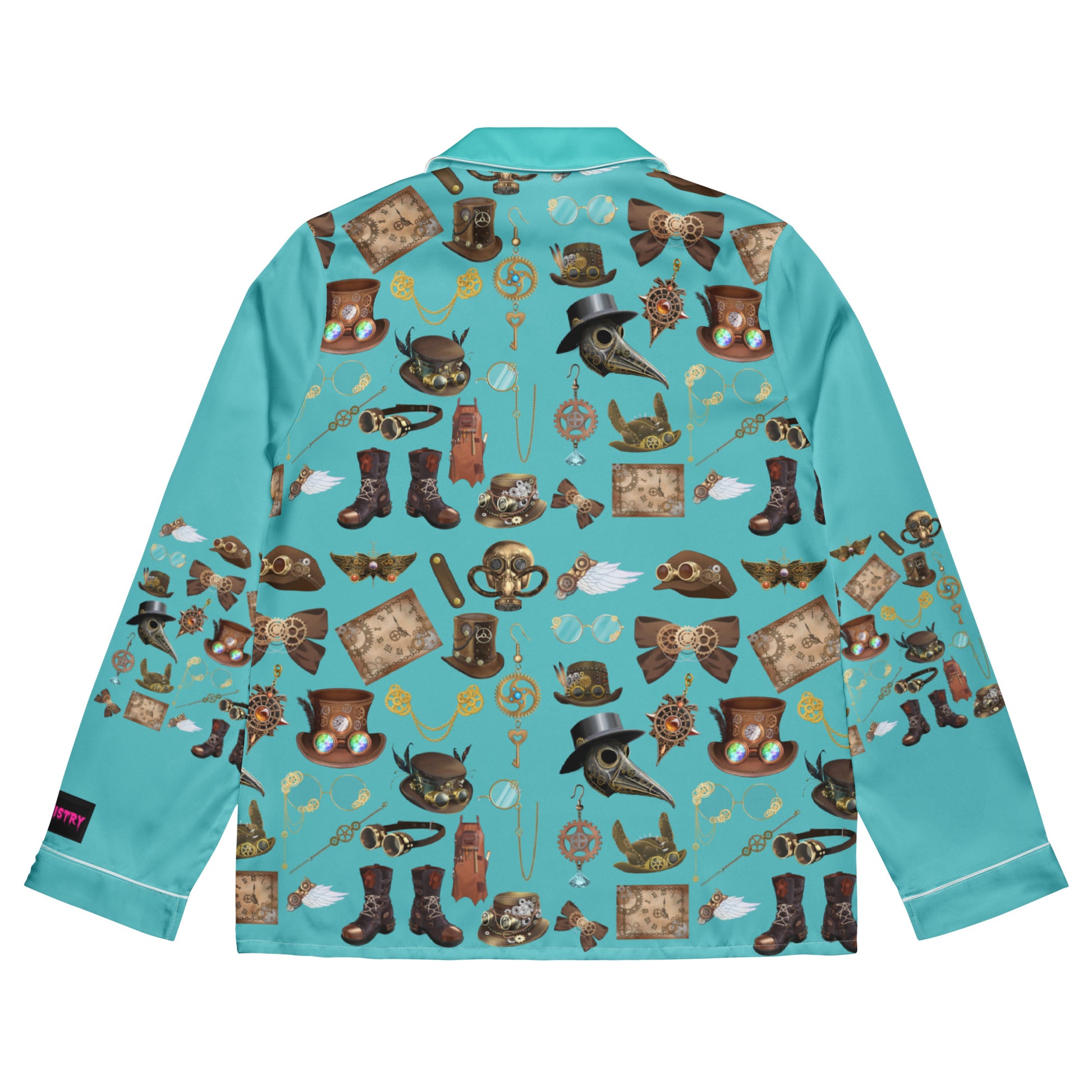 Women’s long sleeve pajama top with steampunk and lullaby print by Eccentric Chemistry, featuring all-over white design.