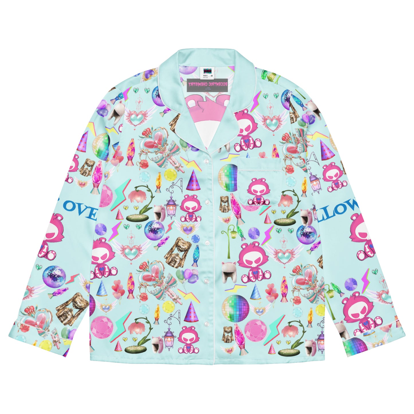 Women's long sleeve pajama top with all-over print from Eccentric Chemistry's Snuggle Squad sleepover collection, white front design.