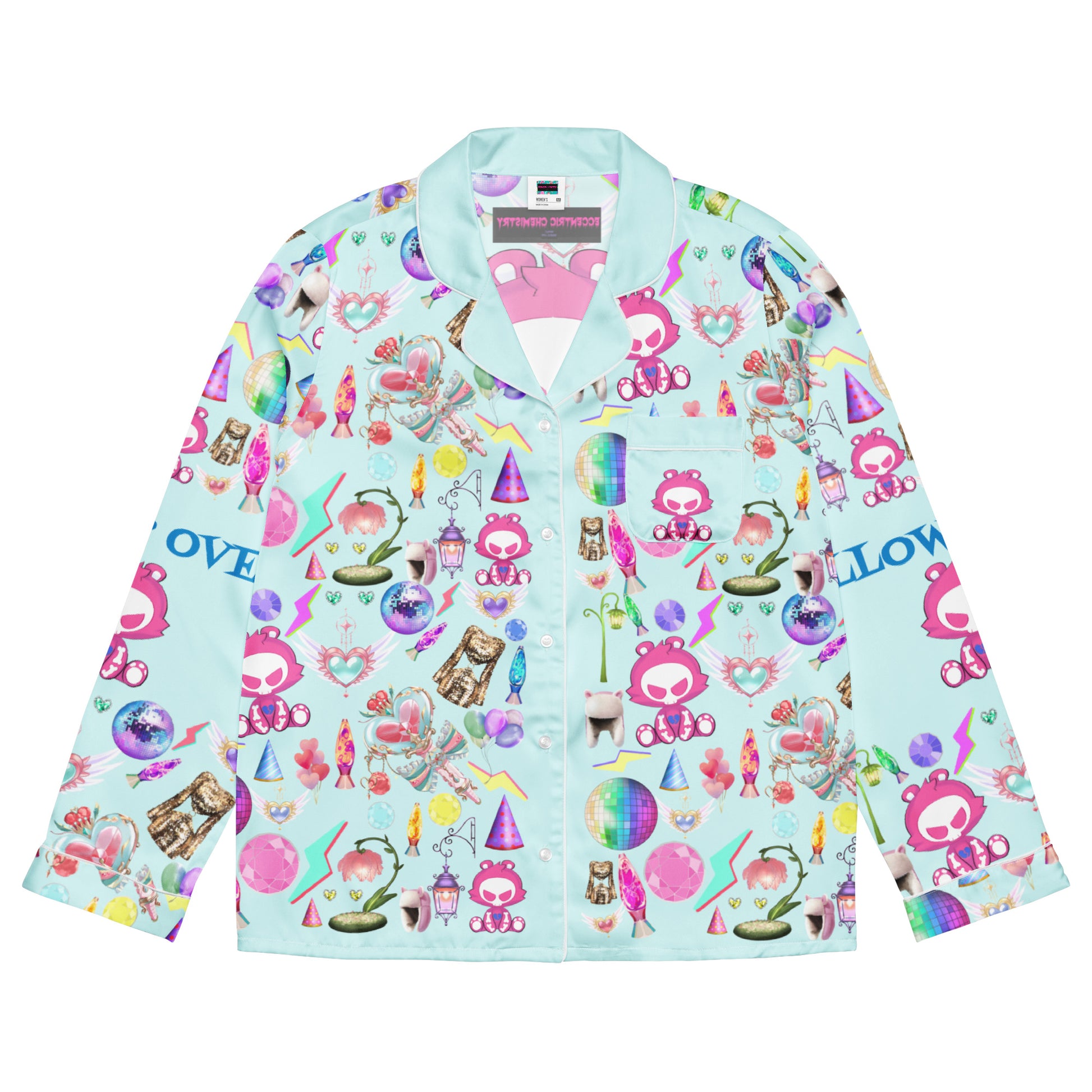 Women's long sleeve pajama top with all-over print from Eccentric Chemistry's Snuggle Squad sleepover collection, white front design.