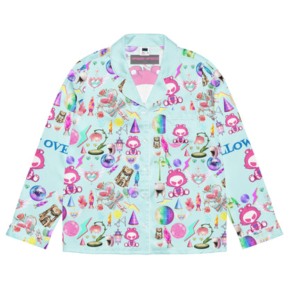 Women's long sleeve pajama top with all-over print from Eccentric Chemistry's Snuggle Squad sleepover collection, white front design.