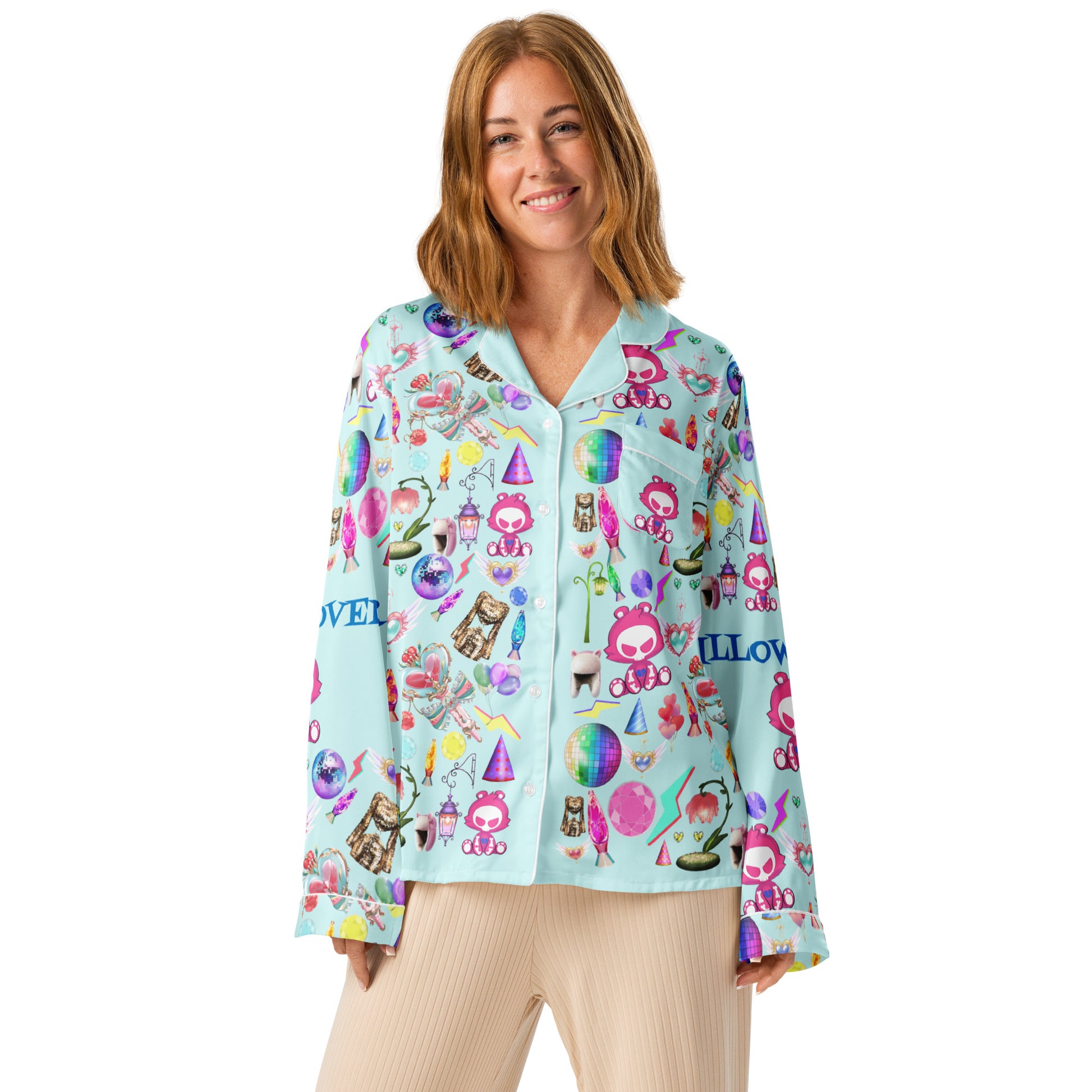Women’s long sleeve pajama top from Eccentric Chemistry’s Snuggle Squad Sleepover collection, featuring an all-over print on white fabric.