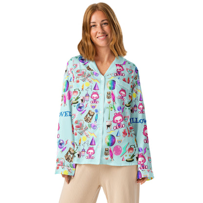 Women’s long sleeve pajama top from Eccentric Chemistry’s Snuggle Squad Sleepover collection, featuring an all-over print on white fabric.