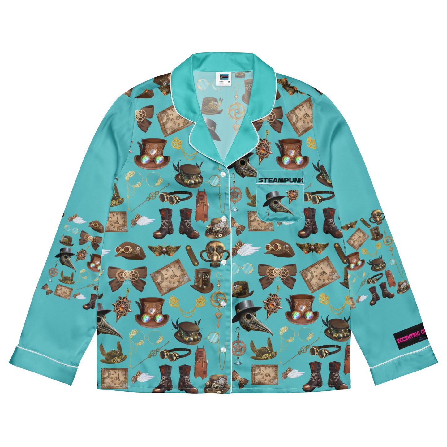 Women's long sleeve pajama top with steampunk and lullaby print, from Eccentric Chemistry's Laboratory of Strange & Stylish Things.