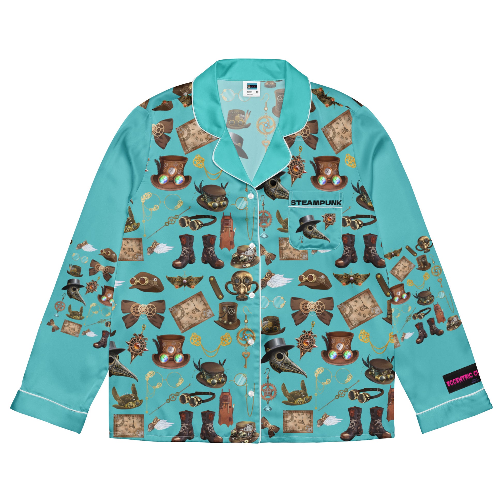 Women's long sleeve pajama top with steampunk and lullaby print, from Eccentric Chemistry's Laboratory of Strange & Stylish Things.