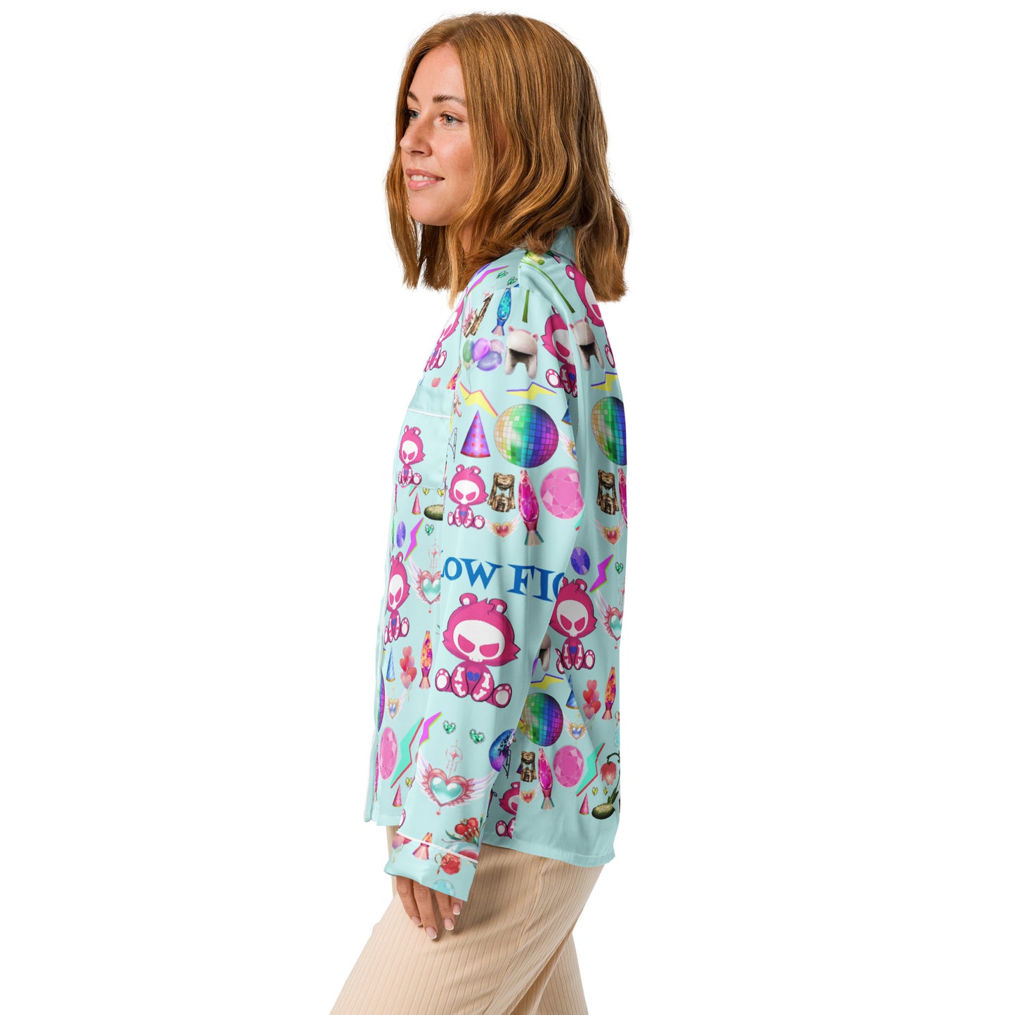 Women's long sleeve pajama top with all-over print from Eccentric Chemistry's Snuggle Squad Sleepover collection, white fabric, casual style.
