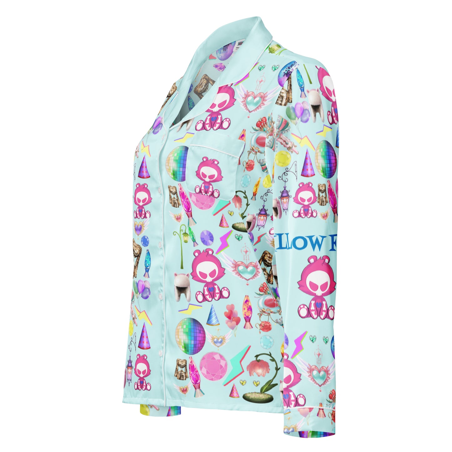 Women’s long sleeve pajama top from Eccentric Chemistry’s Snuggle Squad sleepover collection, featuring an all-over print design.