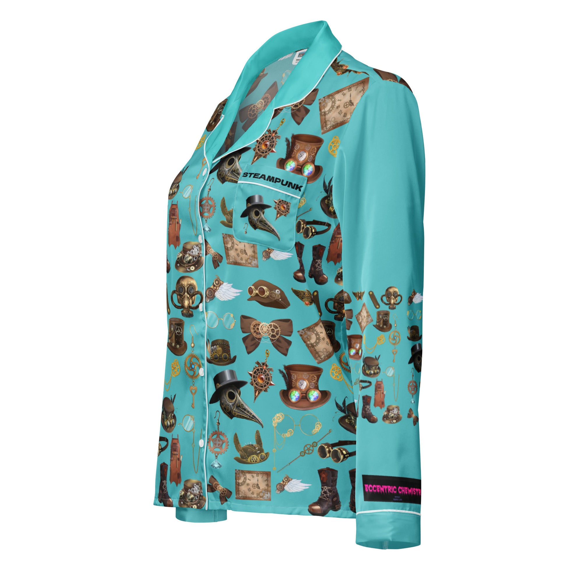 Women’s long sleeve pajama top by Eccentric Chemistry with a steampunk lullaby experiment print, all-over white design, front view.