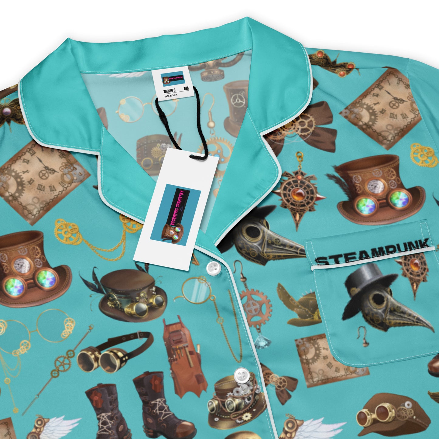 Women's long sleeve pajama top with steampunk lullaby print, made by Eccentric Chemistry's Laboratory of Strange & Stylish Things.