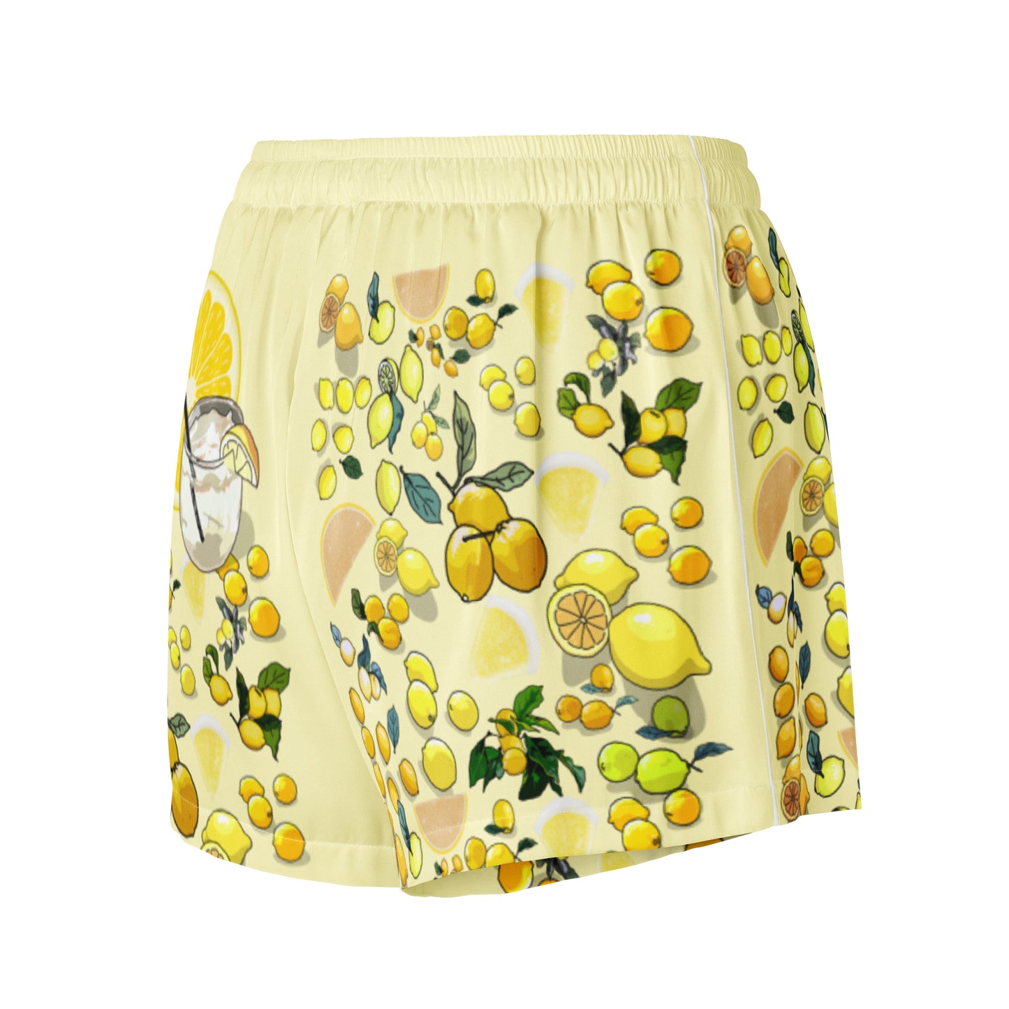 Women’s light yellow lemon print pajama shorts by Eccentric Chemistry, featuring all-over white lemon design and comfortable cut-sew style.