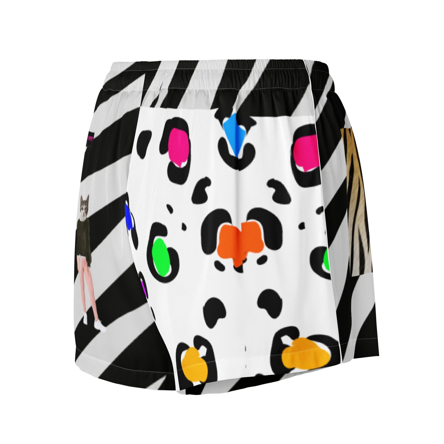 Women’s white pajama shorts with wild animal print, made by Eccentric Chemistry’s Laboratory of Strange & Stylish Things.