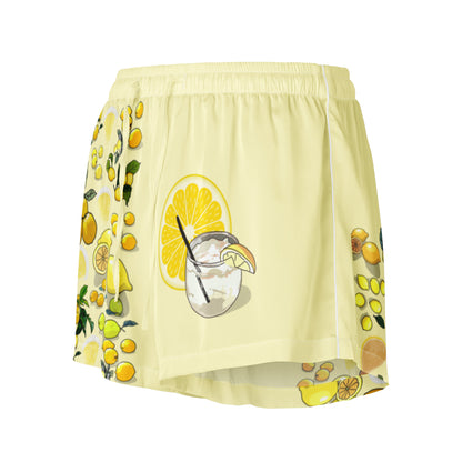 Women’s light yellow lemon print pajama shorts from Eccentric Chemistry’s Laboratory of Strange & Stylish Things, featuring all-over fruity design.