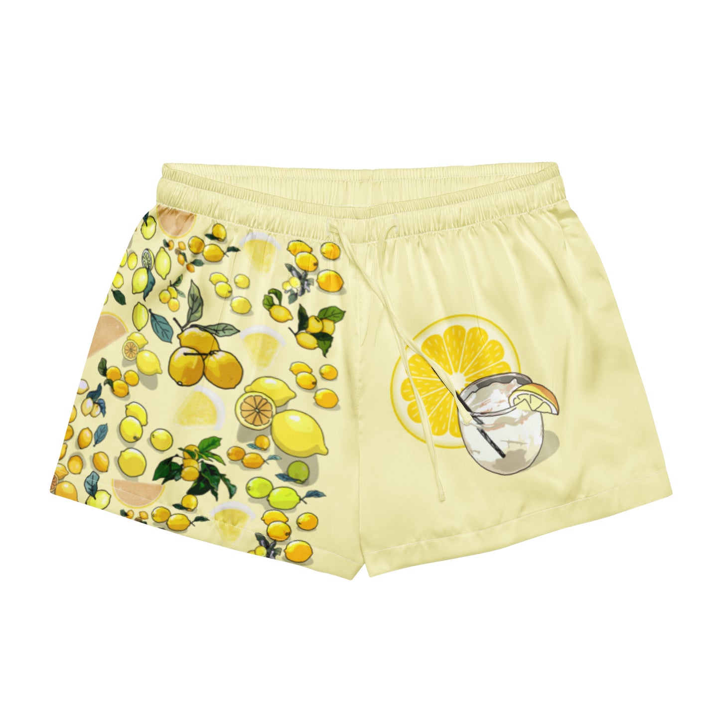 Women’s light yellow lemon print pajama shorts by Eccentric Chemistry, featuring all-over white lemon design and comfortable cut-sew style.
