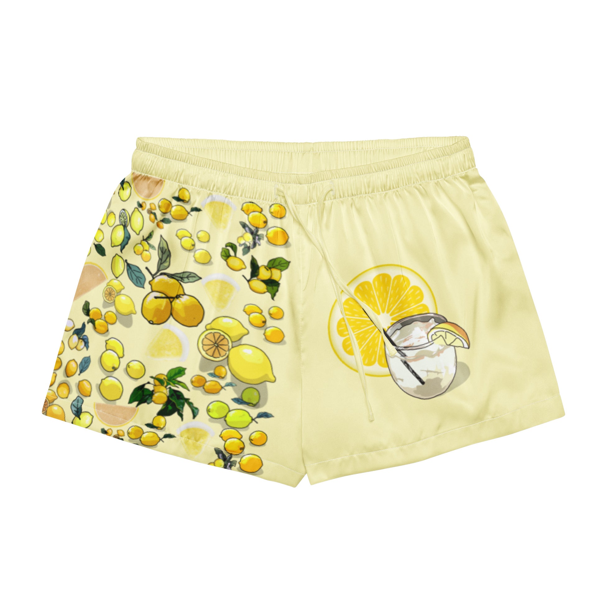 Women’s light yellow lemon print pajama shorts by Eccentric Chemistry, featuring all-over white lemon design and comfortable cut-sew style.