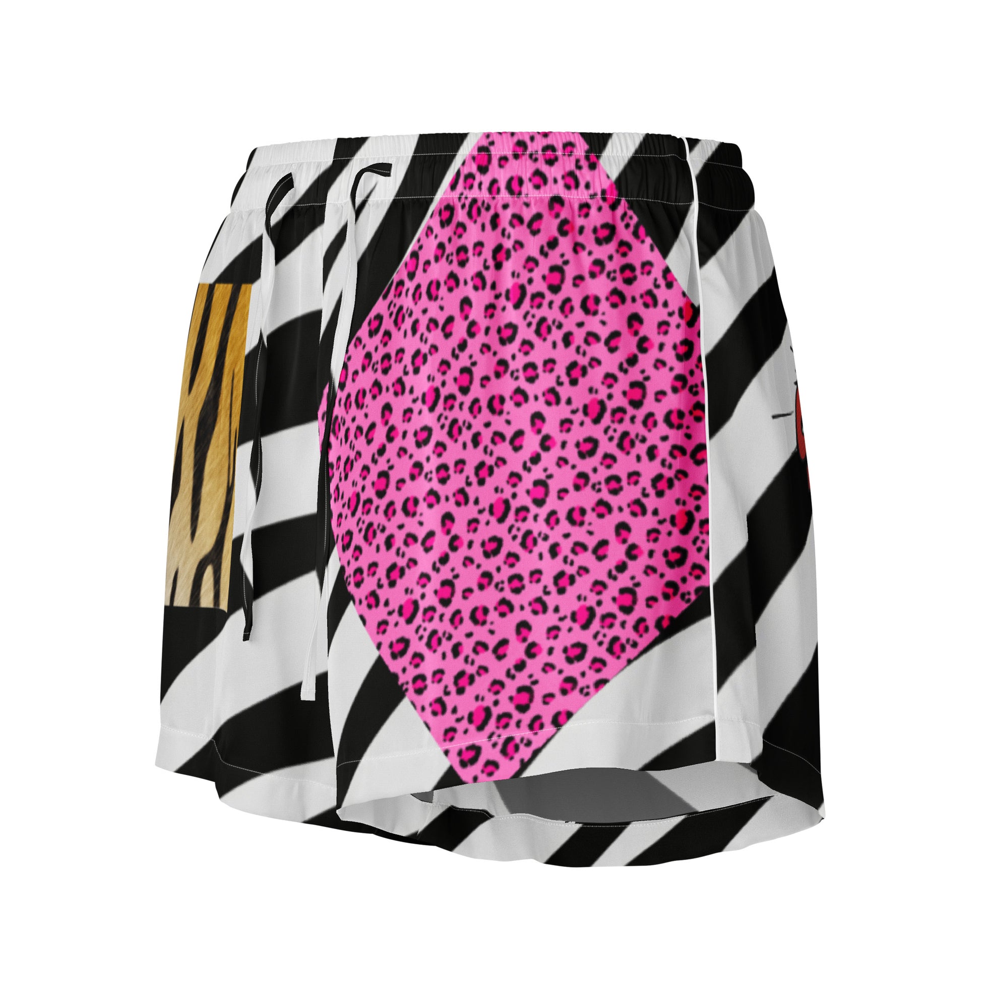 Women’s white pajama shorts with wild animal print from Eccentric Chemistry’s laboratory, featuring all-over colorful animal designs.