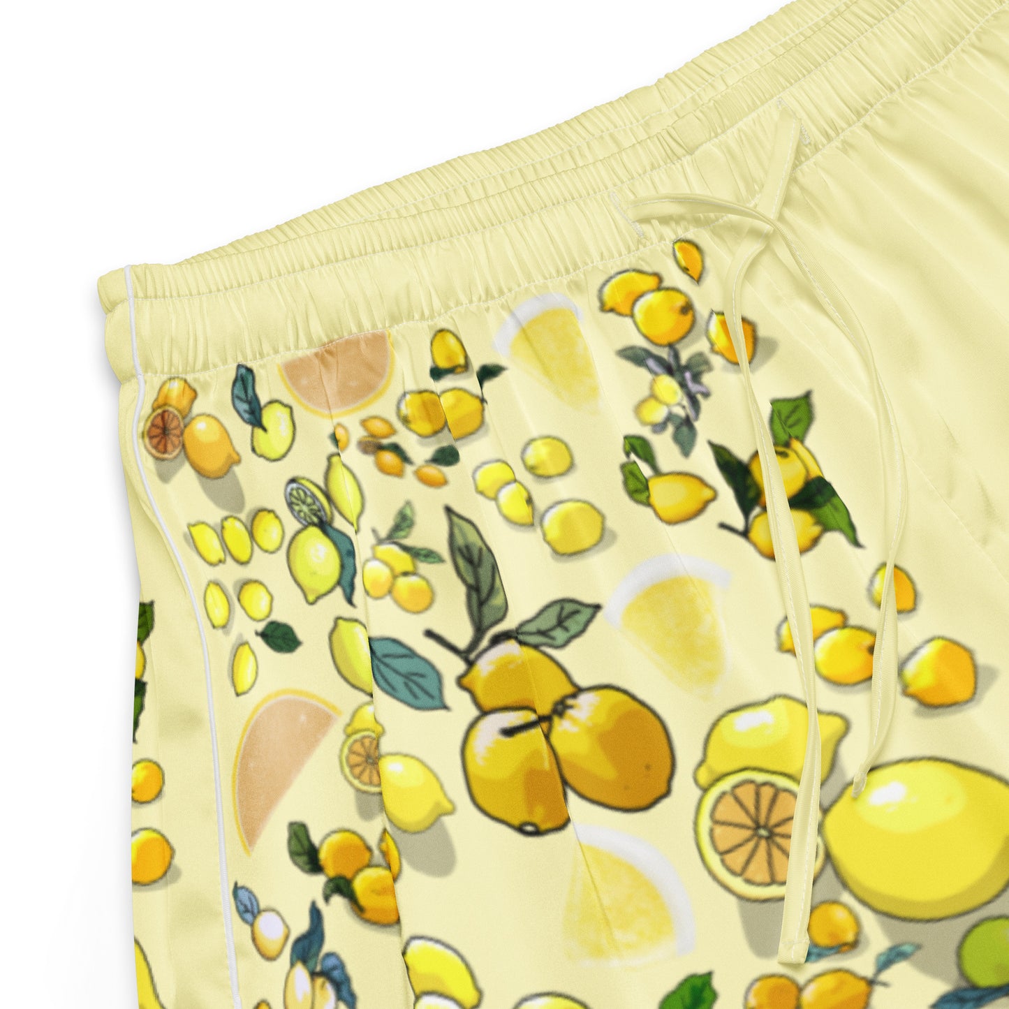 Light yellow women's pajama shorts with lemon print by Eccentric Chemistry, featuring all-over fruit pattern and comfortable cotton fabric.