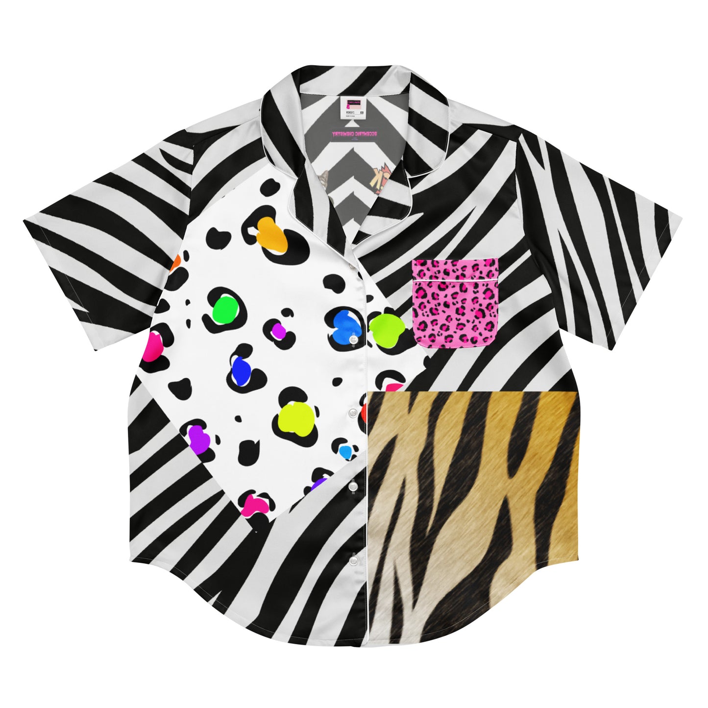 Women’s short sleeve pajama top with wild print and ecosystem design, made by Eccentric Chemistry's Laboratory of Strange & Stylish Things.
