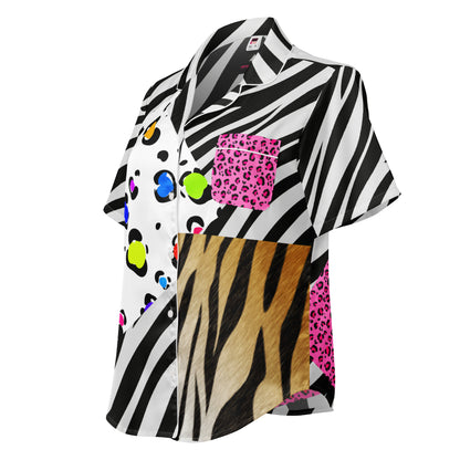 Women’s short sleeve pajama top with wild print from Eccentric Chemistry’s Laboratory of Strange & Stylish Things, all-over colorful pattern.