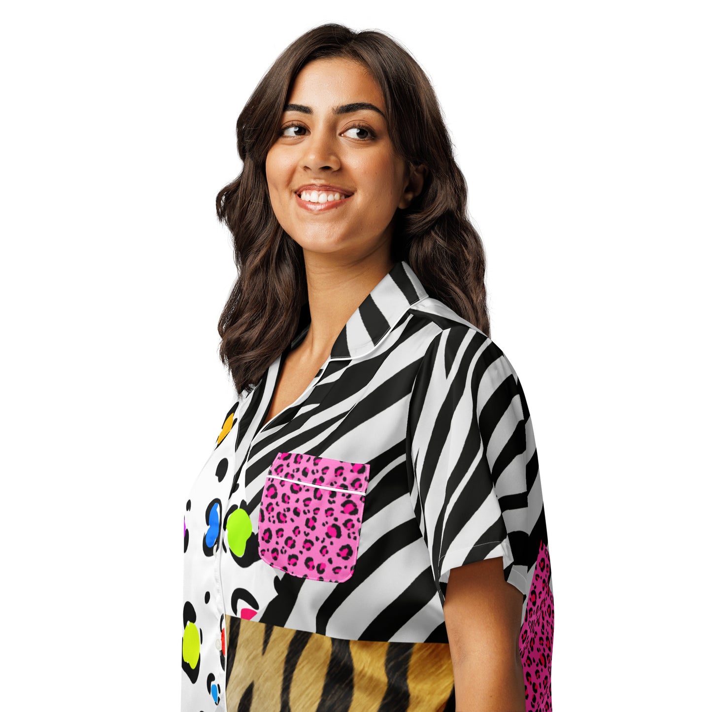 Women’s short sleeve pajama top with wild print, featuring an all-over ecosystem experiment design from Eccentric Chemistry's lab.