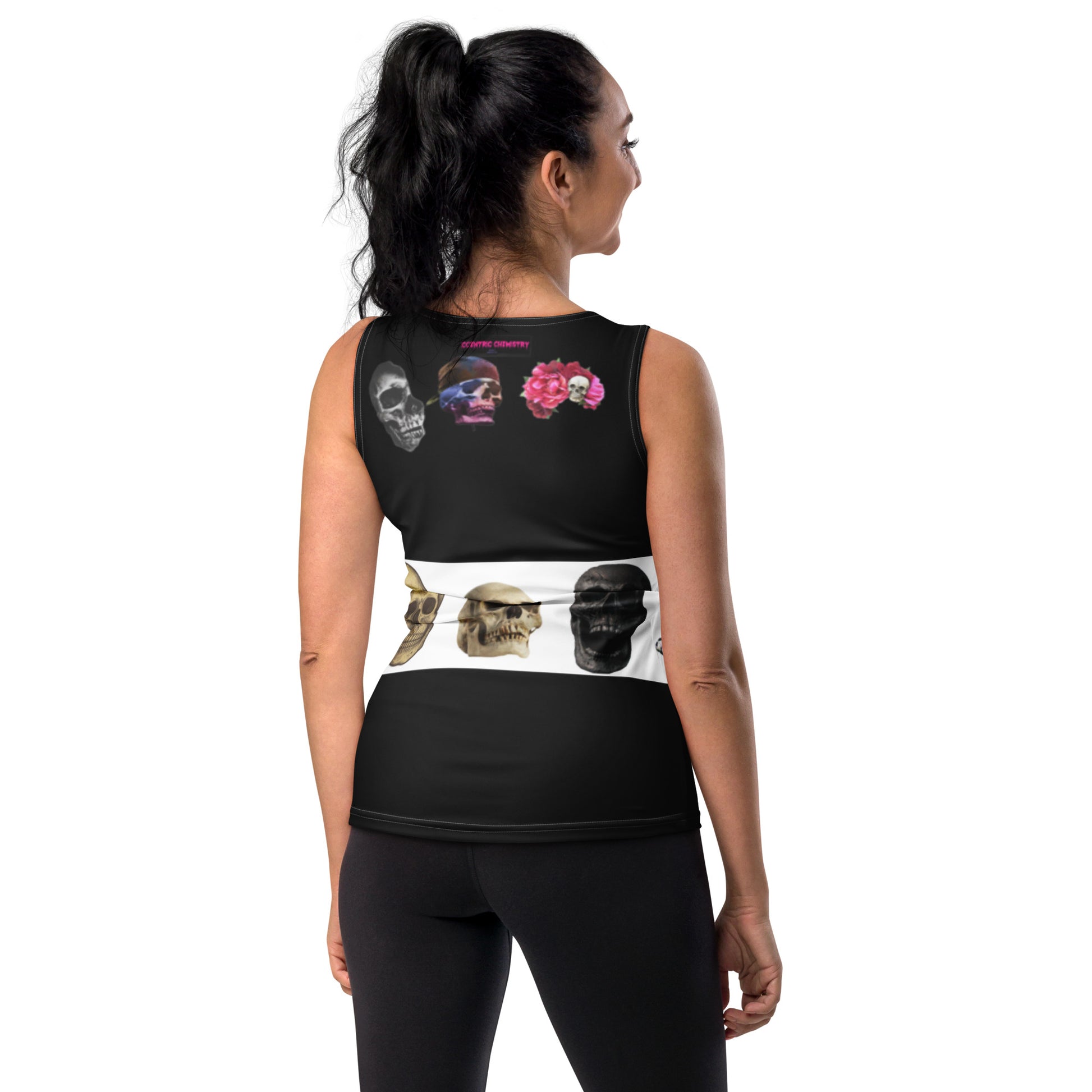 White women's tank top with all-over skull and lab-themed print from Eccentric Chemistry's Biker Chic Experiment collection.