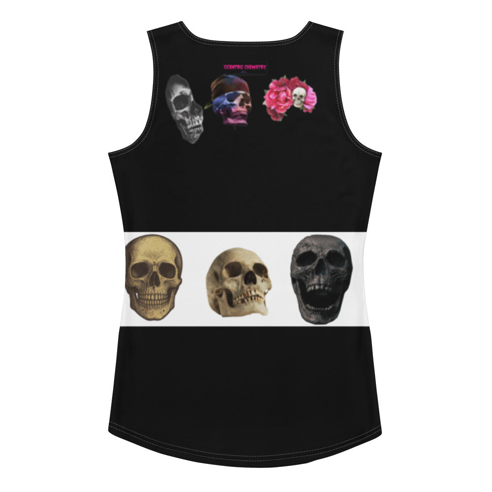 White women's tank top featuring all-over skull and biker-inspired print from Eccentric Chemistry's The Skull‑Lab Biker Chic Experiment.